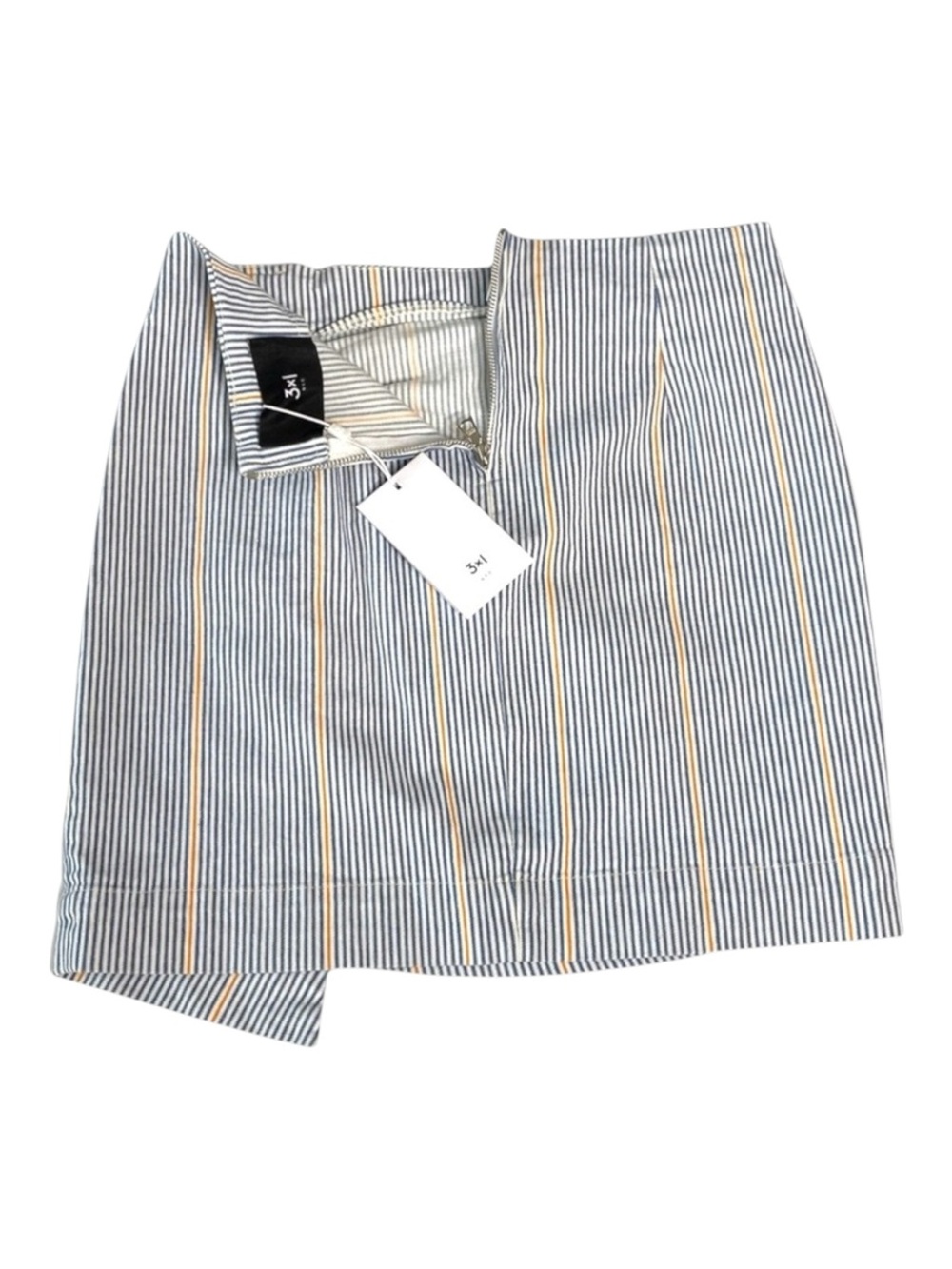 new 3x1 ᯾ Jane Ruffle Stretch Denim Mini Skirt ᯾ Blue Ticking Stripe ᯾ XS ᯾ Chic - Picture 10 of 16
